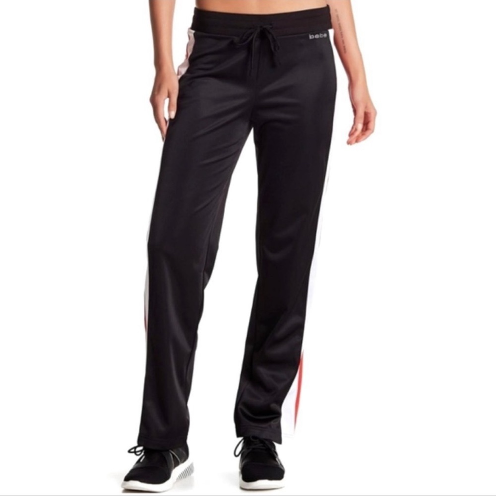 Bebe Track Pants Sport Tricot Wide Leg Black Striped Size Medium